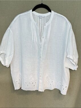 Chico's White Linen Button-Front Eyelet Hem Shirt
